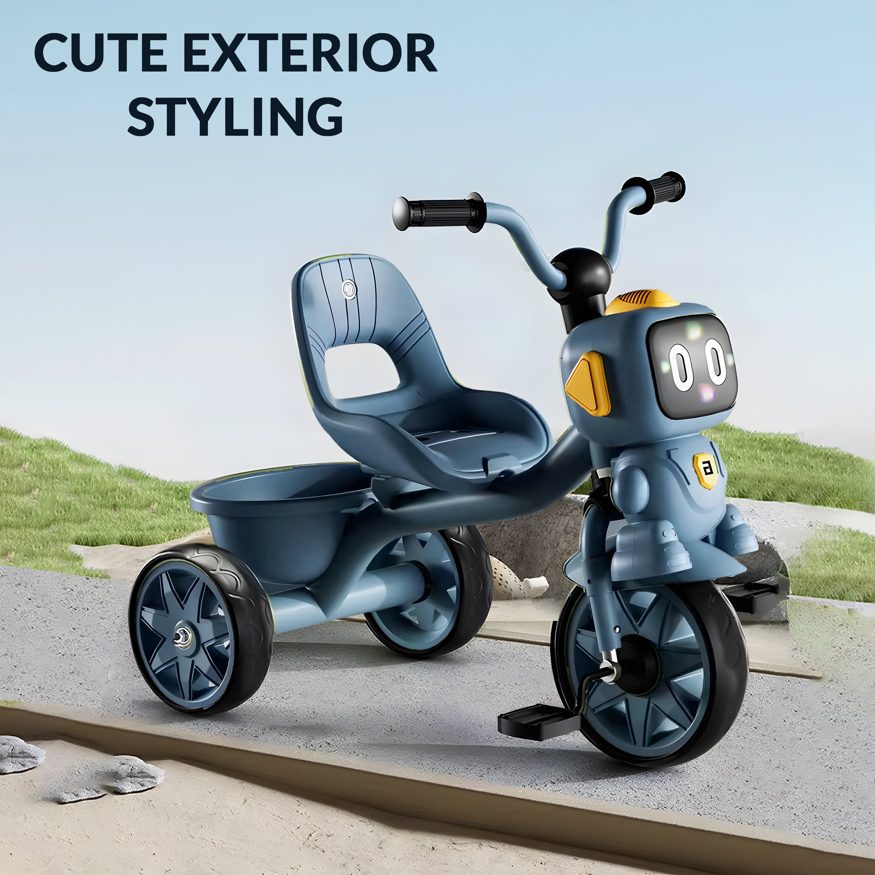 Robo Face Tricycle for Kids (2–5 Yrs) – Music, Lights & Storage Basket - [UAE]