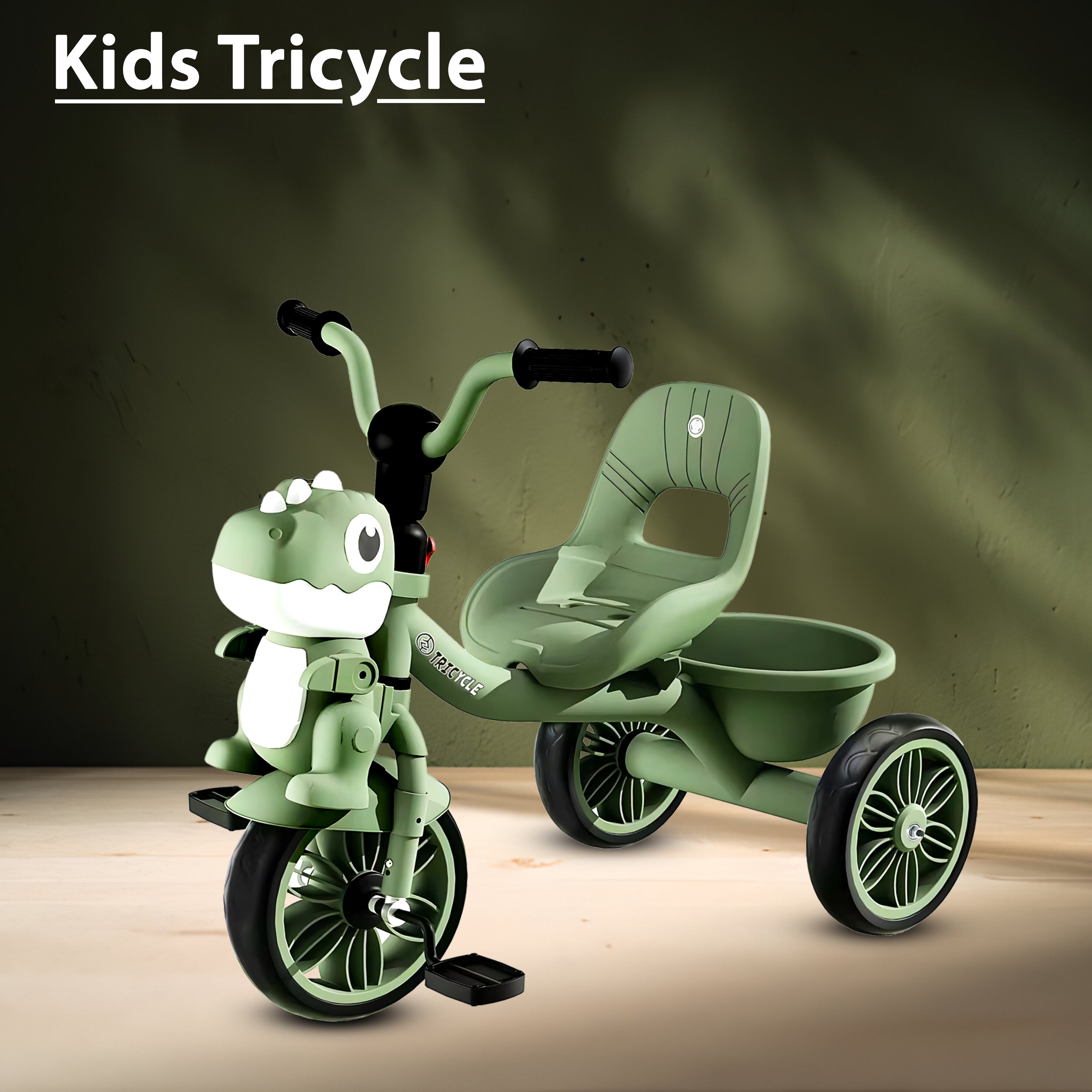 Dinosaur Face Tricycle for Kids (2–5 Yrs) – Music, Lights & Rear Basket – Toddler Cycle for Boys & Girls - [UAE]