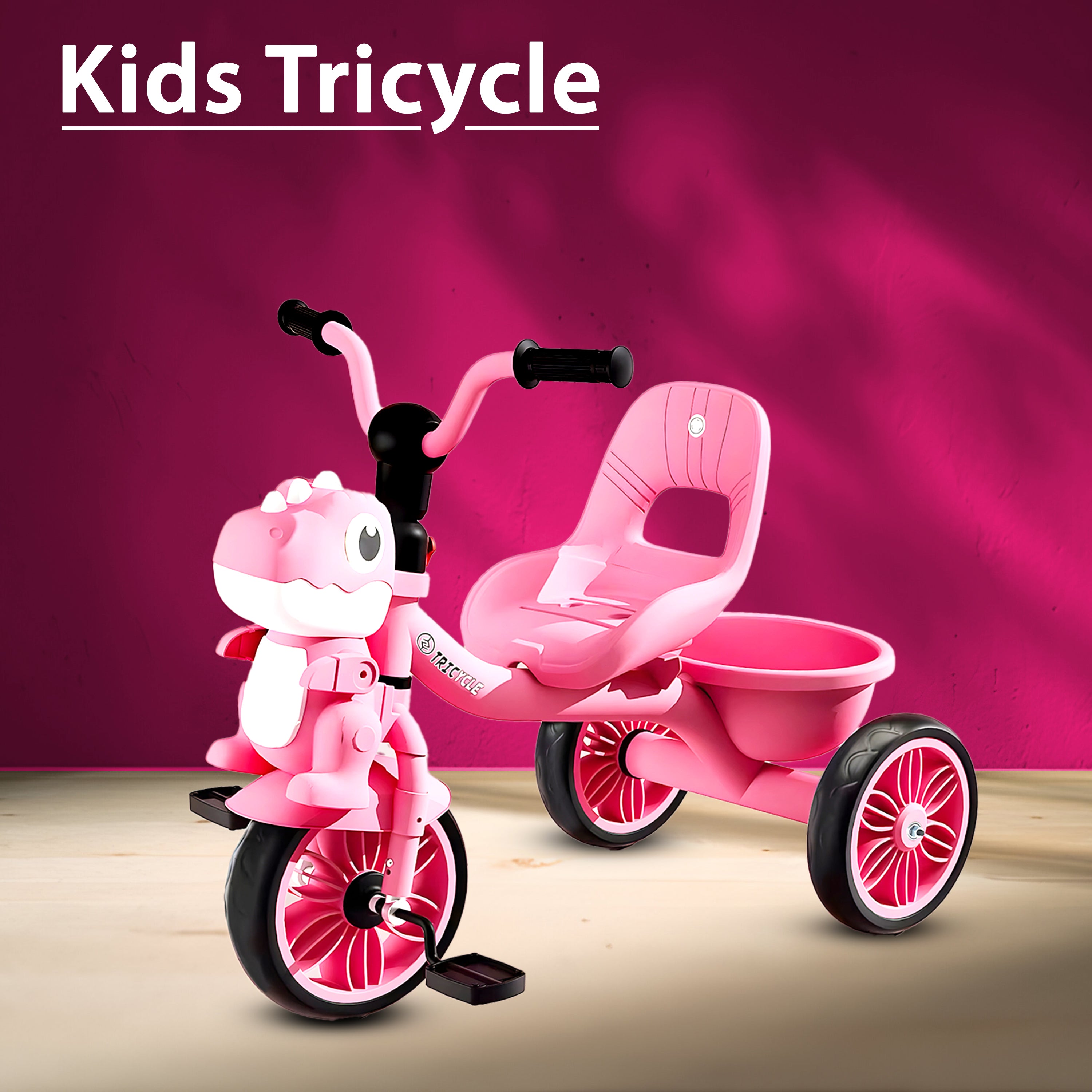 Dinosaur Face Tricycle for Kids (2–5 Yrs) – Music, Lights & Rear Basket – Toddler Cycle for Boys & Girls - [UAE]