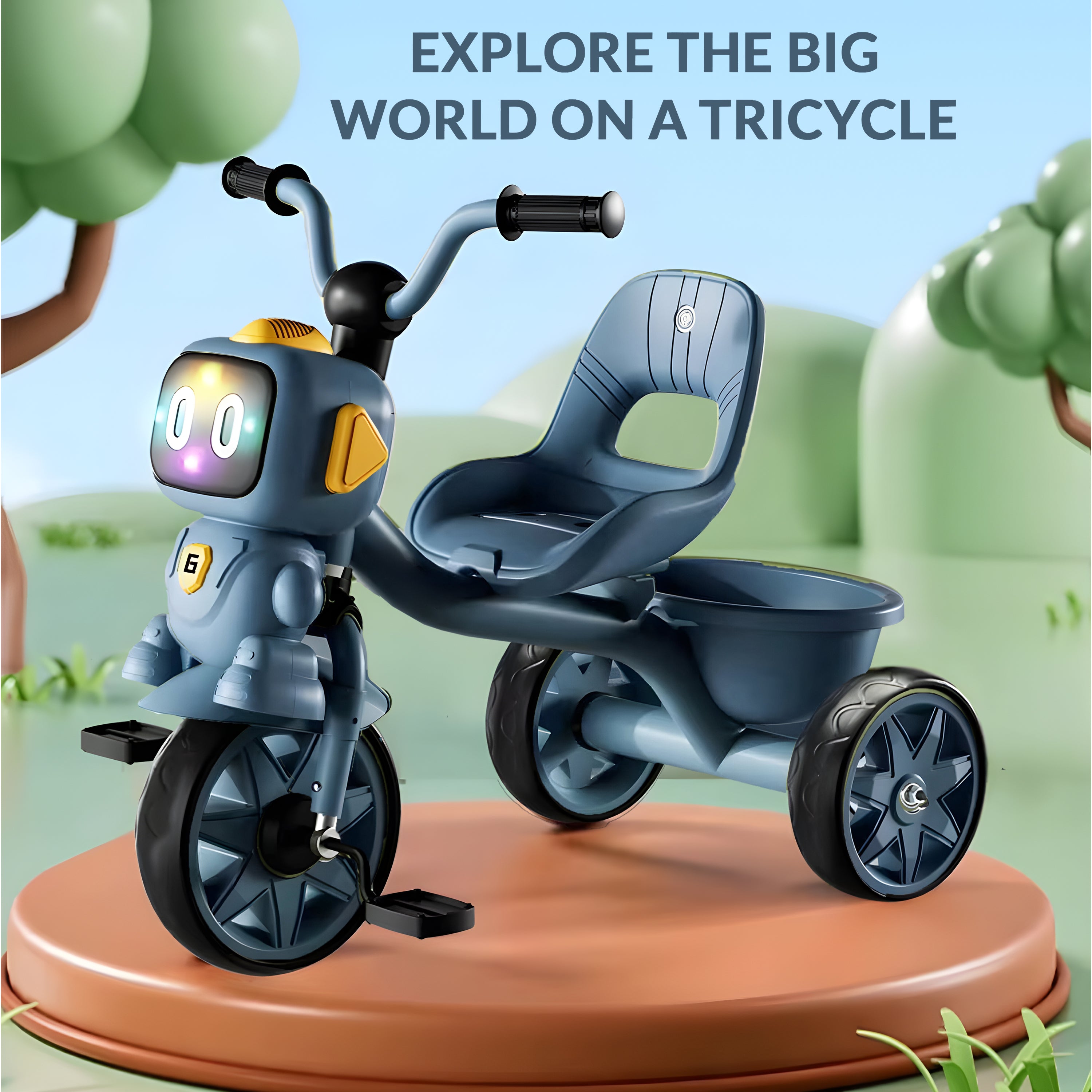Robo Face Tricycle for Kids (2–5 Yrs) – Music, Lights & Storage Basket - [UAE]