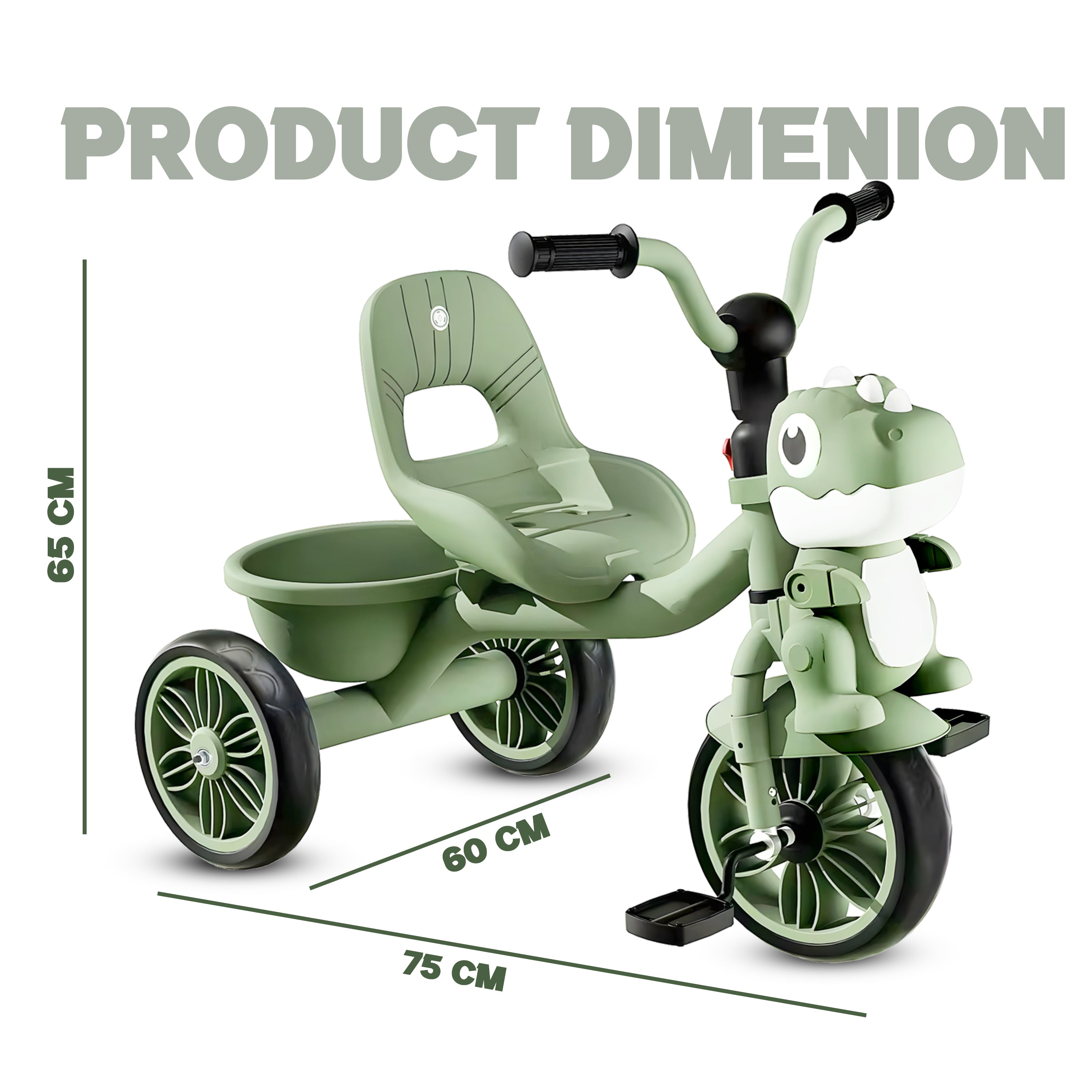 Dinosaur Face Tricycle for Kids (2–5 Yrs) – Music, Lights & Rear Basket – Toddler Cycle for Boys & Girls - [UAE]